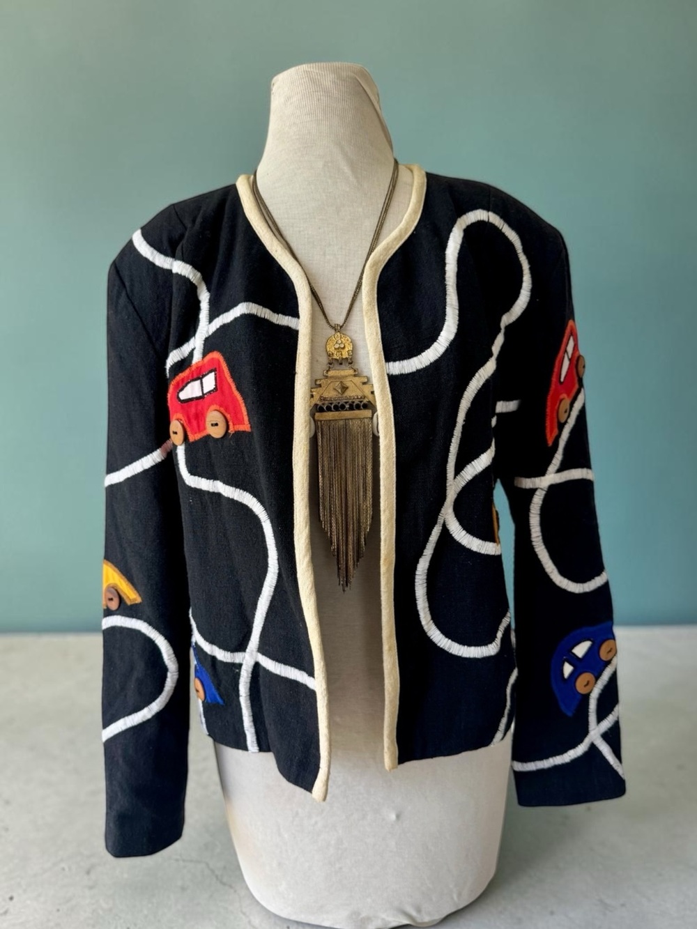 Vtg 80s Spirit Creations Car Appliqué Black Novelty Jacket Sz L Cotton Boho 90s